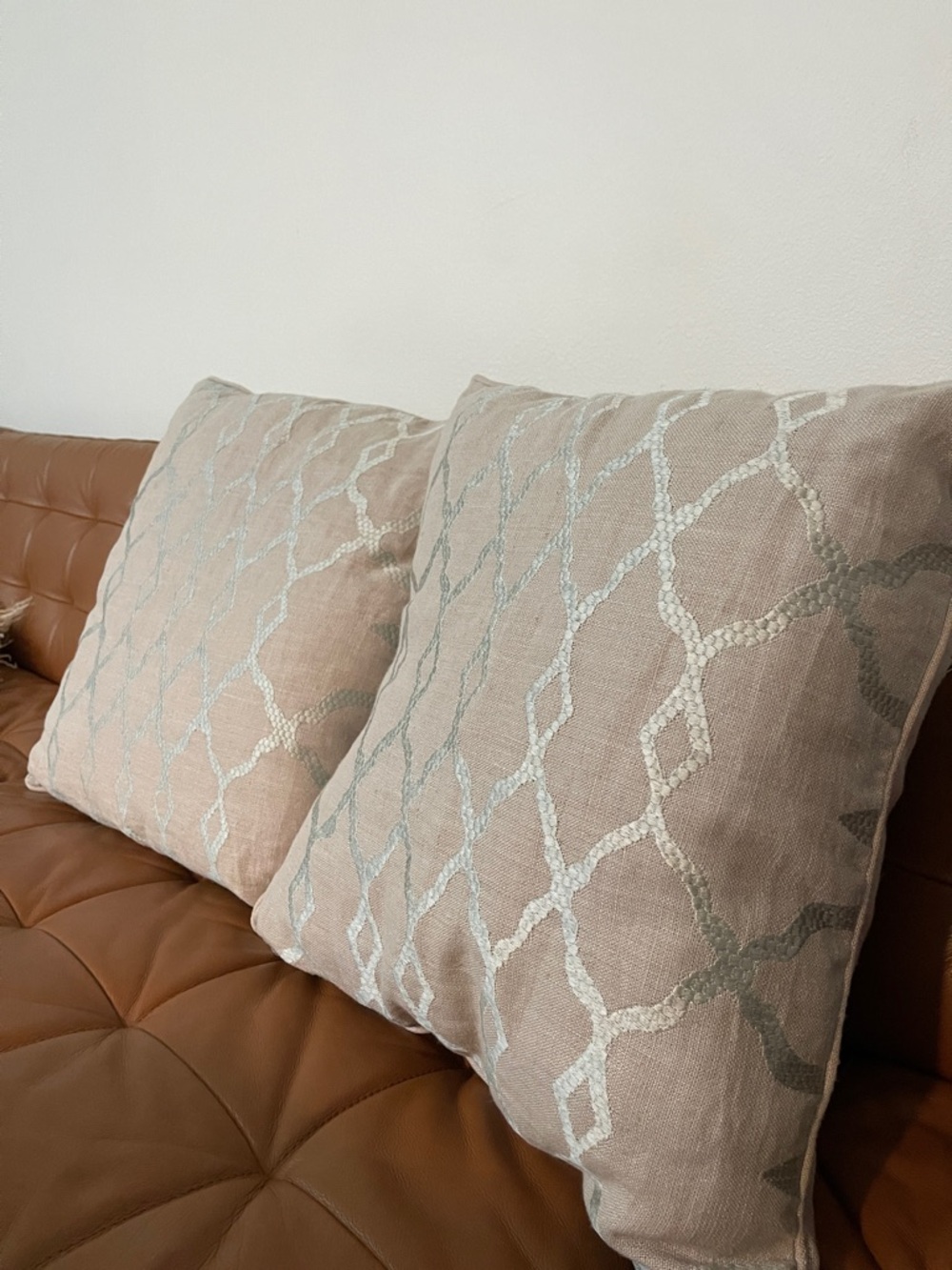 Surya linen Pair of Blush Accent Pillows with Lattice Embroidery